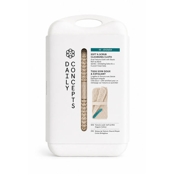 Dual-texture cleansing cloth with elastic roll-up band, shown with its pulp case. Daily Concepts