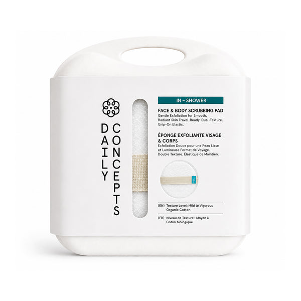 Compact dual-texture face and body scrubbing pad with elastic grip.