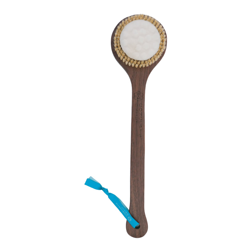 A wooden bath scrubber with a dark brown handle, a white circular scrubbing pad on the head, natural bristles around the edge, and a bright blue hanging loop, shown on a plain white background.