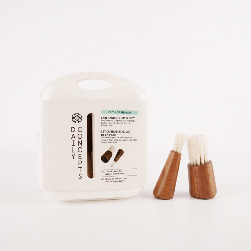 Set of skin radiance brush set with wooden handles and packaging on a white background