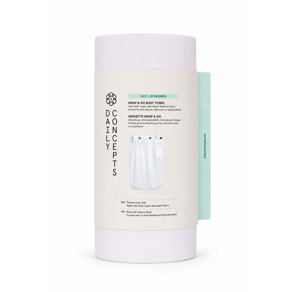 A tall cylindrical container Out of Shower Wrap & Go Body Towel, featuring a white design with a mint green side tab on a white background.