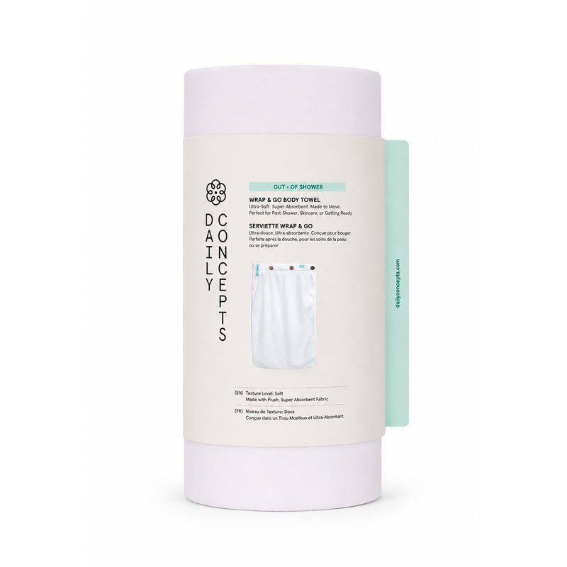 A tall cylindrical container Out of Shower Wrap & Go Body Towel, featuring a white design with a mint green side tab on a white background.