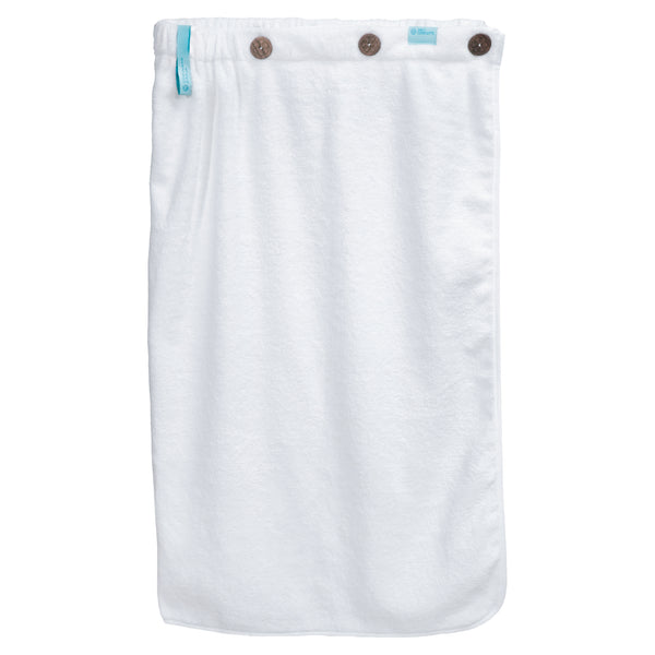 Wrap-style body towel with three natural walnut buttons.
