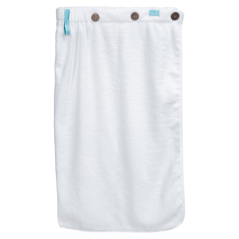 Wrap-style body towel with three natural walnut buttons.