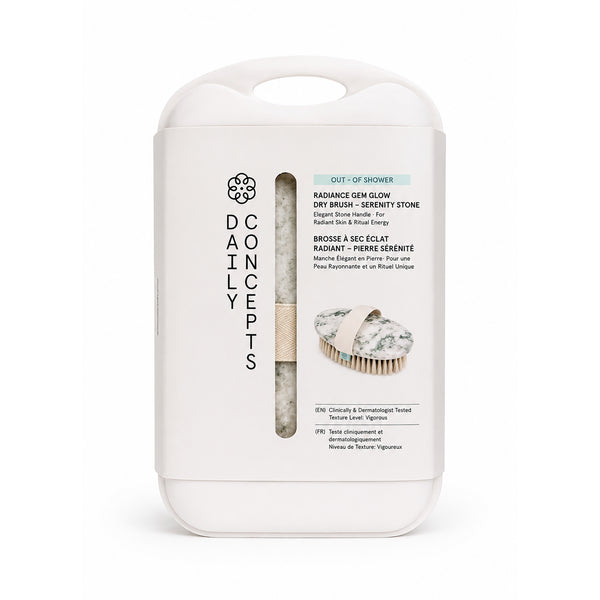 Daily Concepts Radiance Gem Glow Dry Bright + Serenity Stone  container, featuring a clear window showing a marble-textured stone and a brush inside.